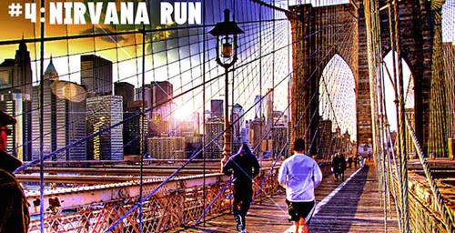 Nirvana running through the city on a bridge