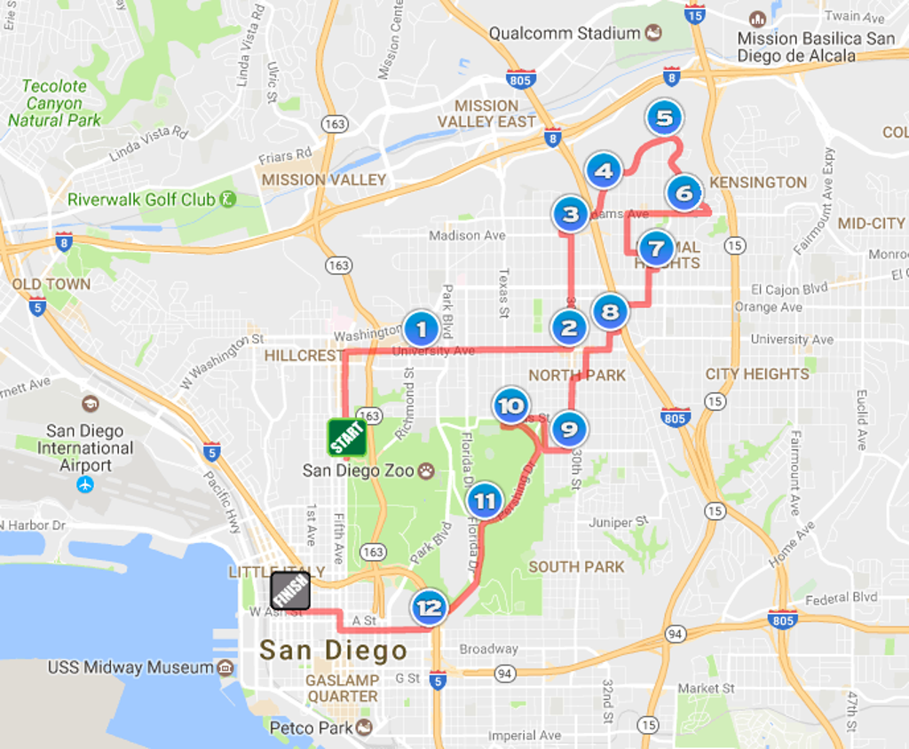 Google maps of San Diego half marathon